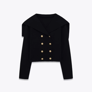 Women Sailor Collar Knitted Cardigan Double Breasted Gold Buttons Cropped Jacket Long Sleeve Black Elegant Sweater