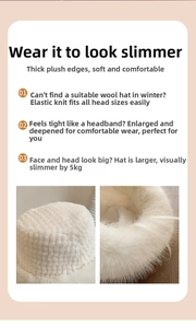 Detail view of white plush bucket hat with soft faux fur texture and thick brim design