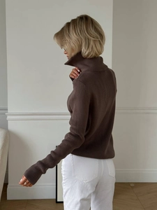 Slim fit dark brown turtleneck knit sweater with vertical ribbed texture for women