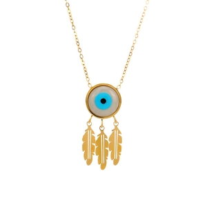 Golden Evil Eye necklace with leaf pendants in a vintage Bohemian stainless steel style