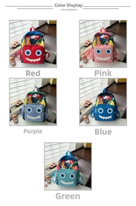 Cartoon monster kids backpacks shown in five colors with cute eyes and horn details
