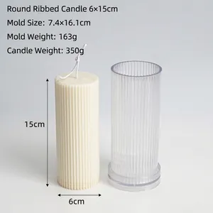 Detailed view of striped pillar candle mold with dimensions and finished 6x15cm wax sample
