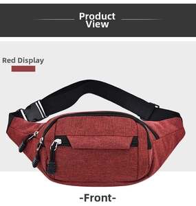 Front view of red waterproof nylon fanny pack with adjustable strap and buckles