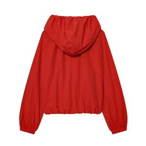Red hooded nylon jacket for women with French style bow decoration, back view on white background
