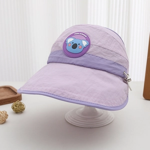 Detail of adjustable purple sun visor with blue koala patch and windproof cord