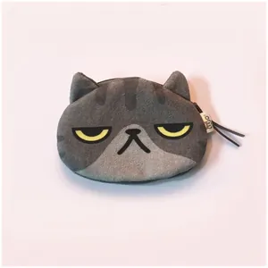 Close-up of a grey plush cat coin purse featuring a grumpy expression and top zipper