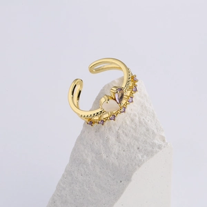 18K gold-plated adjustable heart ring with purple stones and a cat-eye gem on stone base