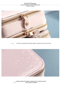 Detail of pink PU leather travel jewelry box with waterproof texture and durable zipper