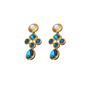 Vintage geometric gold earrings with blue crystals and white stones in royal style