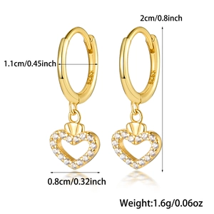 Detailed size specifications for gold heart drop earrings featuring S925 sterling silver