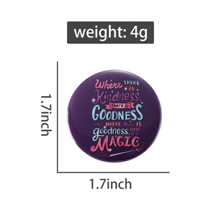 Detail of 1.7-inch purple tin badge showing size specifications and 4g lightweight design