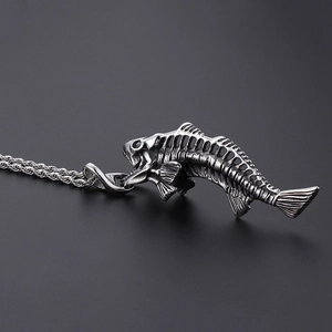 Detailed view of silver fish bone pendant with a sturdy twisted rope chain for men