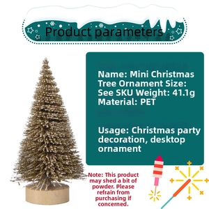 Mini PET Christmas tree detail with gold glitter finish and wooden base specifications