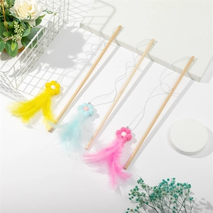 Three cat teaser wands with wooden sticks, metal wires, colorful feathers, and small bells