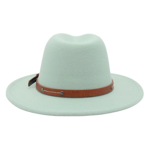Detailed view of light mint green fedora wool hat with brown leather rivet band
