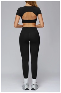 Detail of high-waisted black yoga pants showing ergonomic fit and back cutout top detail