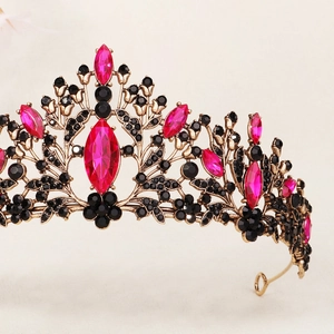 Vintage Baroque bridal crown with bronze metal, black gems and magenta rhinestones