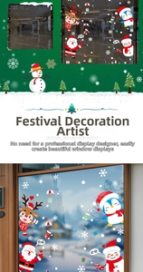 Detailed Santa Claus, reindeer, and penguin decals on glass for Christmas window decor
