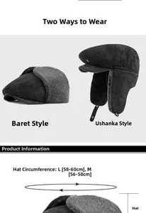 Detalle del gorro de invierno con forro de piel sintética gris e información de tallas