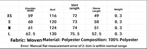 Size chart showing XS to L dimensions for jacquard woven shirts in polyester fabric