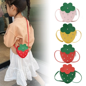 Sparkly strawberry-shaped crossbody bag for kids with rhinestones in four bright colors