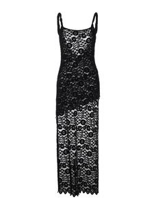 Robe longue sexy en dentelle noire dos nu moulante avec motifs floraux et ourlet irrégulier
