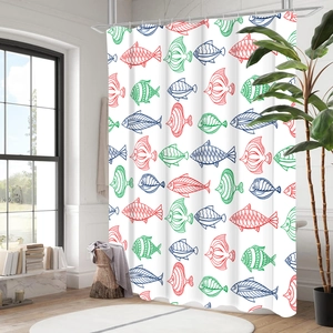 Detail of waterproof shower curtain with colorful fish pattern in a bright modern bathroom
