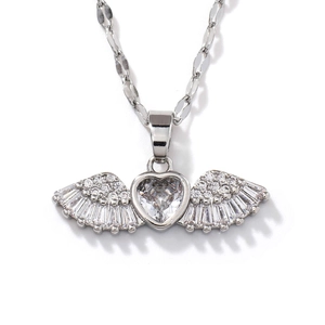 Elegant silver angel heart necklace with sparkling zircon wings on white background