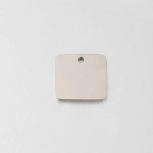 Polished silver stainless steel square pendant with rounded corners and pre-drilled hole