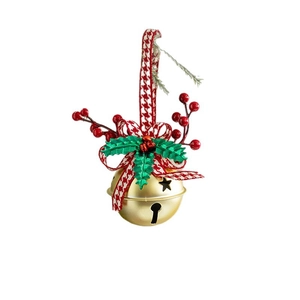 Christmas gold bell ornament with star cutouts and red houndstooth bow for tree decoration