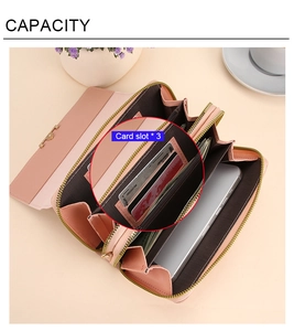 Detail view of pink leather wallet showing internal card slots and multi-layered capacity