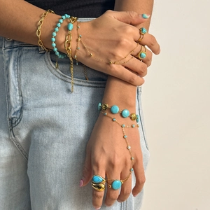 Bohemian Stainless Steel Turquoise Bracelet And Adjustable Ring For Women Gold Plated Retro Hand Chain Geometric Accessory