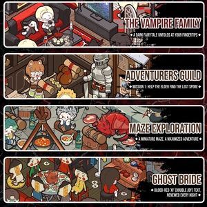 Micro-adventure scene stickers with vampire, adventurer guild, and dragon themes