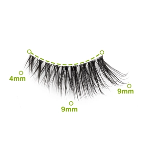Detail view showing eyelash lengths of 4mm and 9mm on a clear band for natural volume