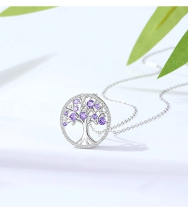 Detail of S925 silver life tree necklace featuring purple crystals and white zircon