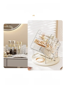 Before and after comparison of rotating makeup organizer showing tidy cosmetic storage