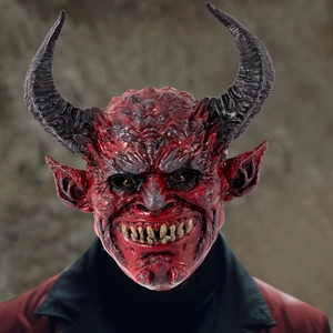 Realistic red devil mask with black horns and detailed muscle textures for Halloween cosplay