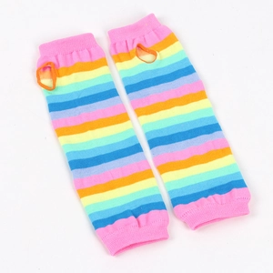 Detailed texture of rainbow striped knitted arm warmers with functional thumb hole