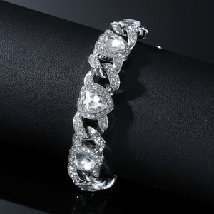 Iced out silver heart shaped Cuban link bracelet with sparkling rhinestones for hip hop style