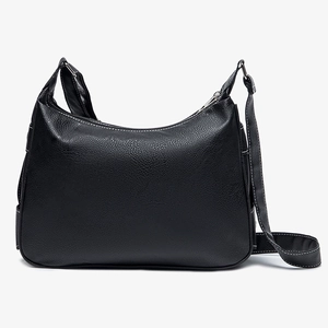 Black leather saddle bag with white contrast stitching and adjustable shoulder strap