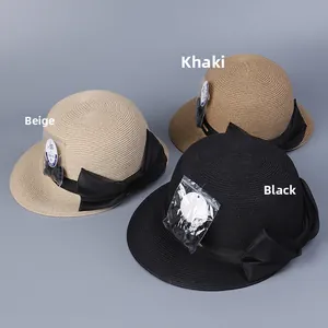 Atmungsaktive Strohhüte mit eleganter Schleife in Beige, Khaki und Schwarz für Sommer.