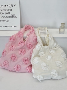 3D Flower Tote Bag Large Capacity Romantic Chiffon Shoulder Bag Elegant Korean Style Handbag For Women Vacation Travel