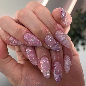 Unghie Finte Artigianali Forma Mandorla 3D Fiore Perla Artificial Sfumato Rosa Viola Lungo Stiletto Elegante Manicure Per Donne