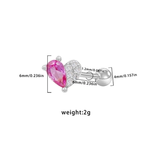 Detailed specs of heart earring with pink zircon, 1.2mm needle and 4mm ball back