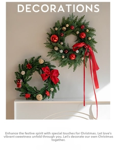 Close-up of decorative Christmas wreaths with red ribbons and festive ornaments