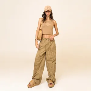 Women's retro cargo parachute pants and cross-print halter top set in khaki brown