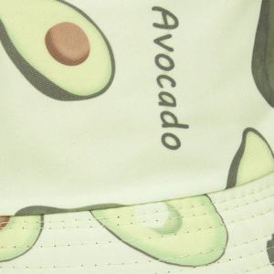 Detailed macro view of the avocado print and stitching on the green cotton bucket hat
