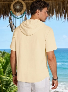 Detail view of the breathable linen hoodie shirt showing the hood and curved hem design