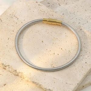 Macro detail of silver snake bone chain bracelet with gold magnetic closure on stone