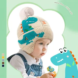 Berretto In Maglia Per Bambini Dinosauro Cartone Animato Pompon Protezione Orecchie Inverno Caldo Acrilico Ragazzi Ragazze